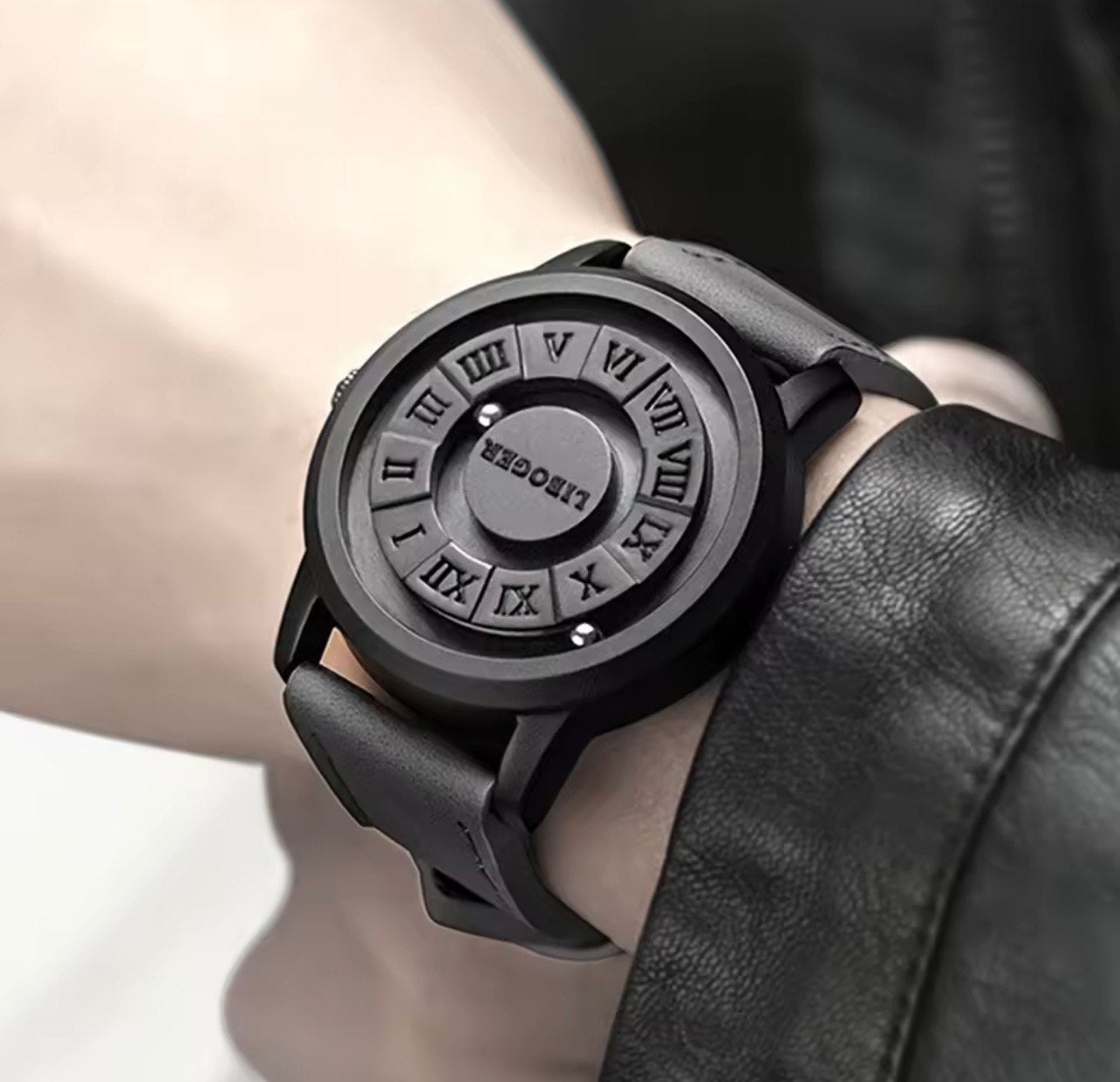 LIBOGER MAGNETIC ORBIT BLACK LEATHER STRAP WATCH FOR MEN