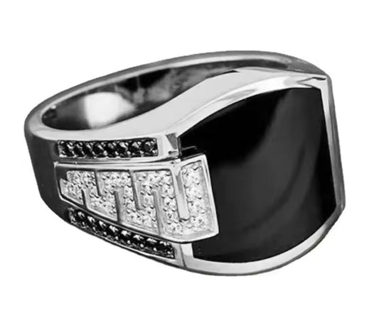 GLOSSY MEN'S SILVER RING WITH BLACK STONE