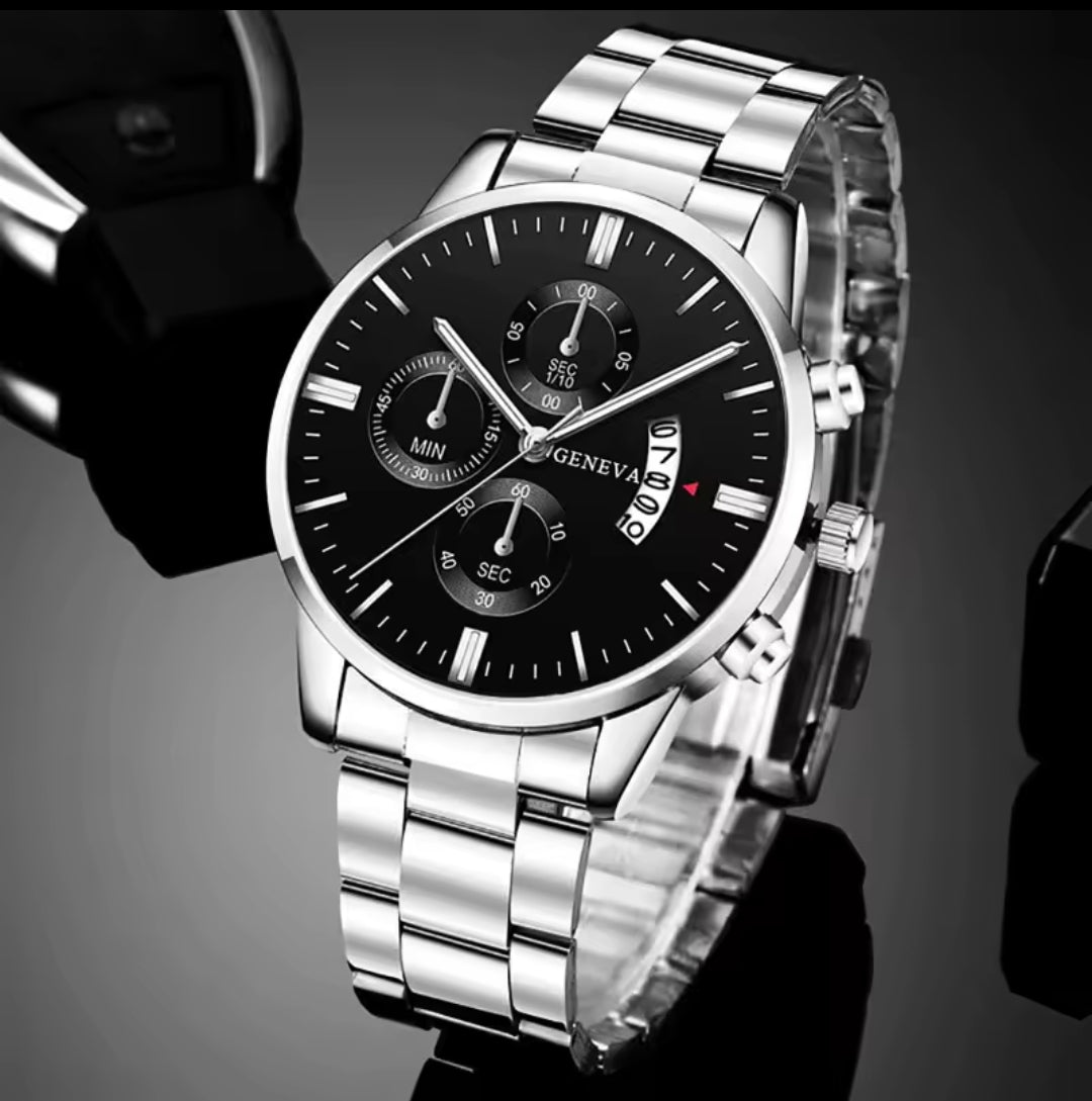 GENEVA SILVER STAINLESS STEEL QUARTZ WATCH FOR MEN