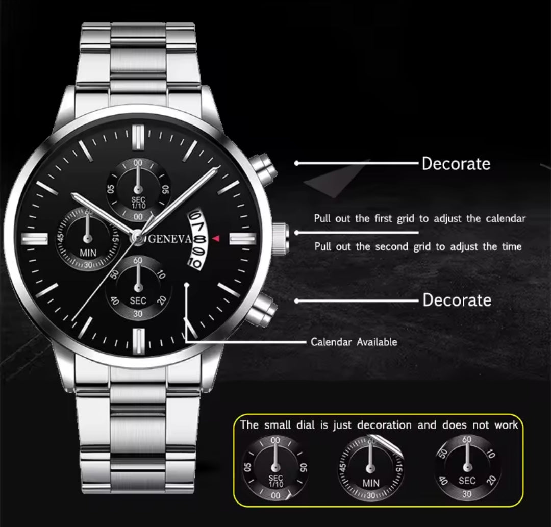 GENEVA SILVER STAINLESS STEEL QUARTZ WATCH FOR MEN