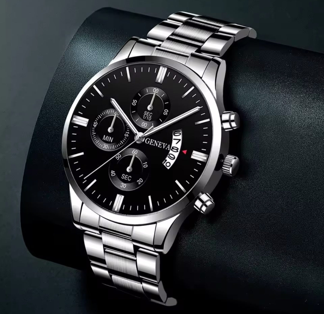 GENEVA SILVER STAINLESS STEEL QUARTZ WATCH FOR MEN