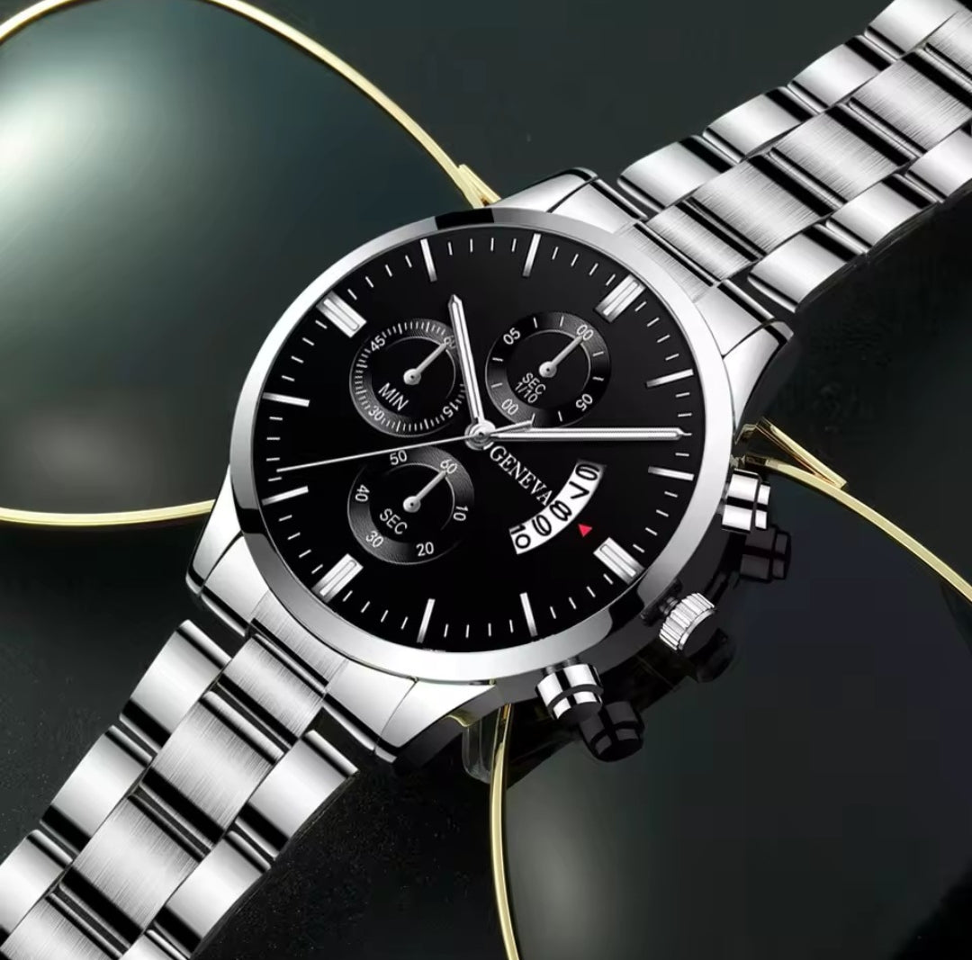 GENEVA SILVER STAINLESS STEEL QUARTZ WATCH FOR MEN