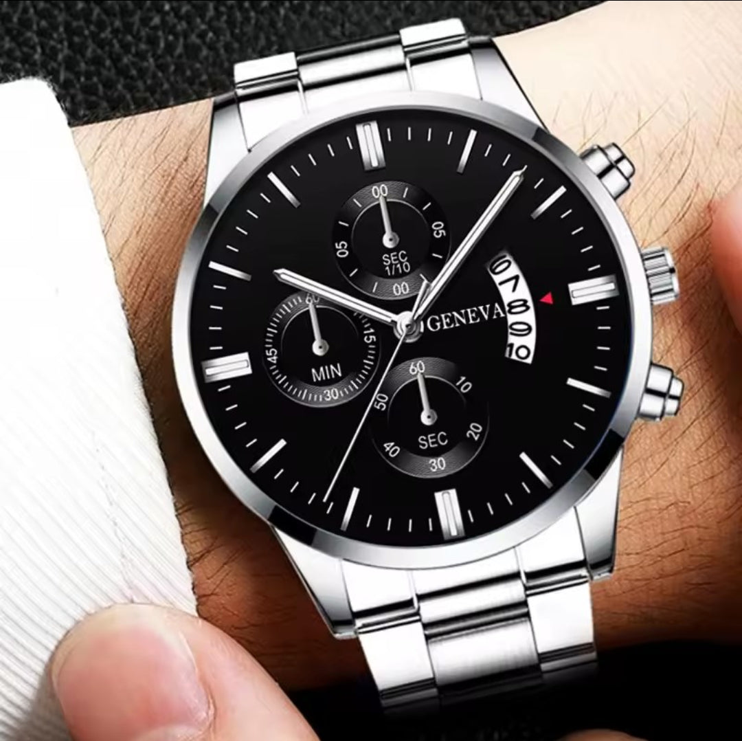 GENEVA SILVER STAINLESS STEEL QUARTZ WATCH FOR MEN