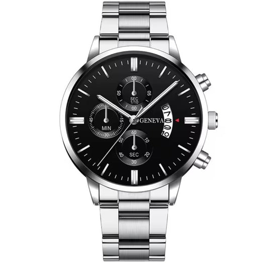 GENEVA SILVER STAINLESS STEEL QUARTZ WATCH FOR MEN