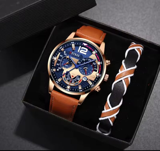 DEYROS MEN'S WATCH WITH BRACELET (BROWN LEATHER STRAP)