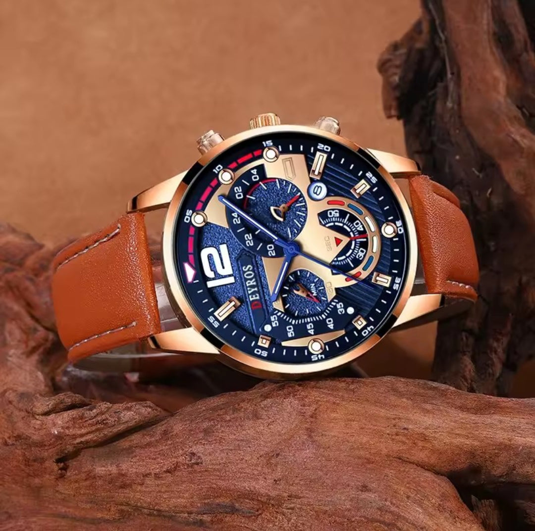 DEYROS MEN'S WATCH WITH BRACELET (BROWN LEATHER STRAP)