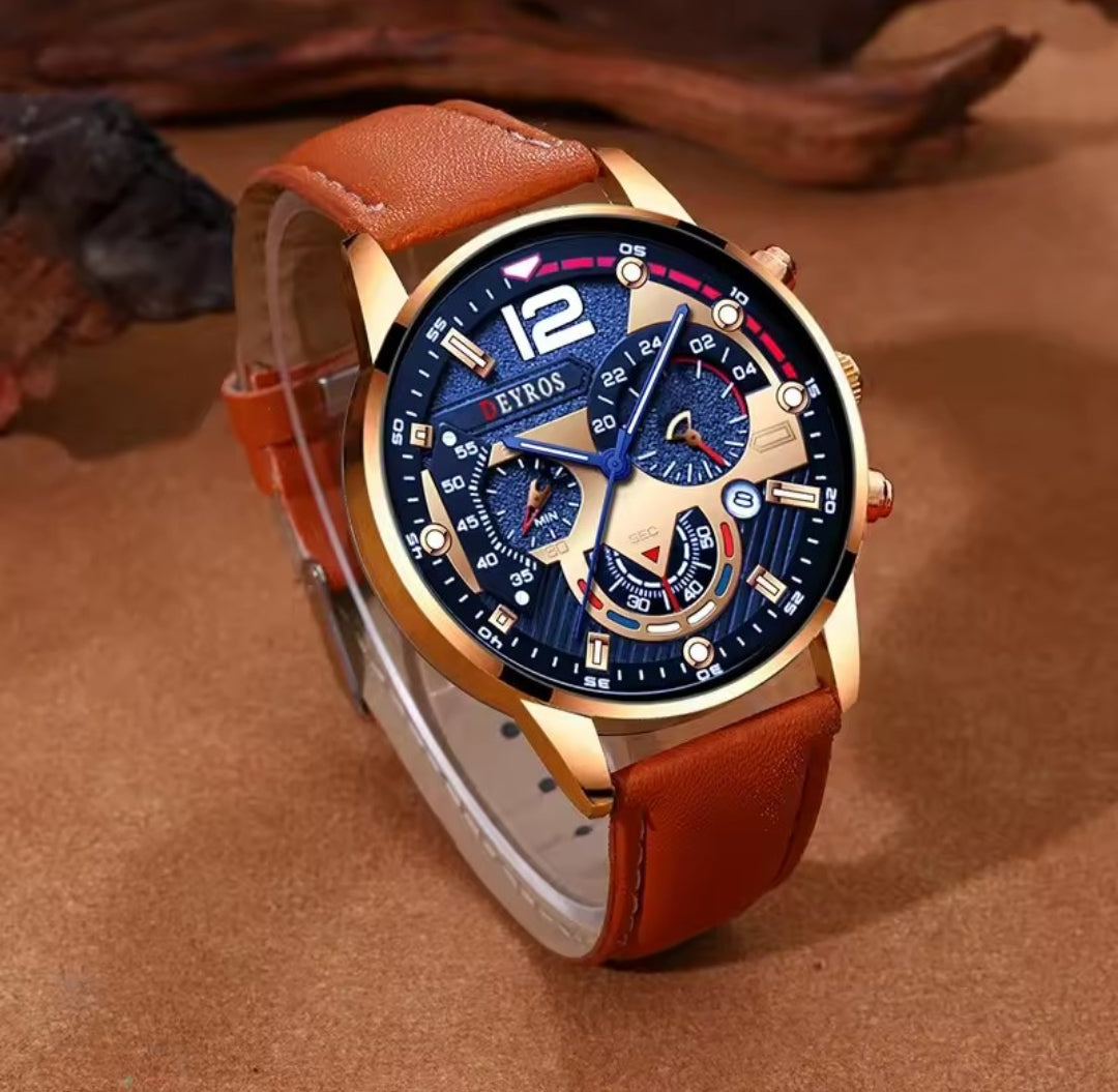 DEYROS MEN'S WATCH WITH BRACELET (BROWN LEATHER STRAP)