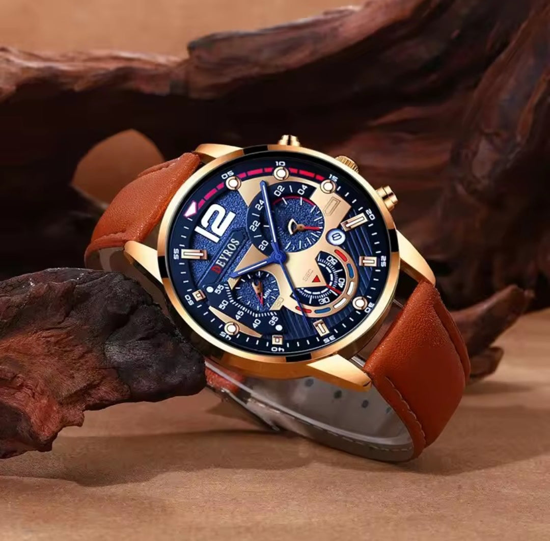 DEYROS MEN'S WATCH WITH BRACELET (BROWN LEATHER STRAP)