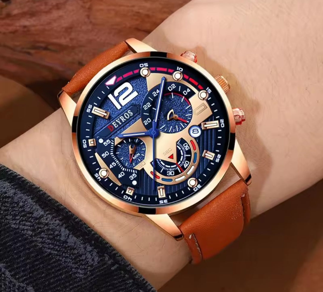 DEYROS MEN'S WATCH WITH BRACELET (BROWN LEATHER STRAP)