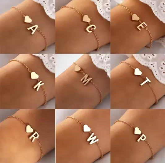A TO Z NAME INITIALS HEART GOLD BRACELET FOR WOMEN