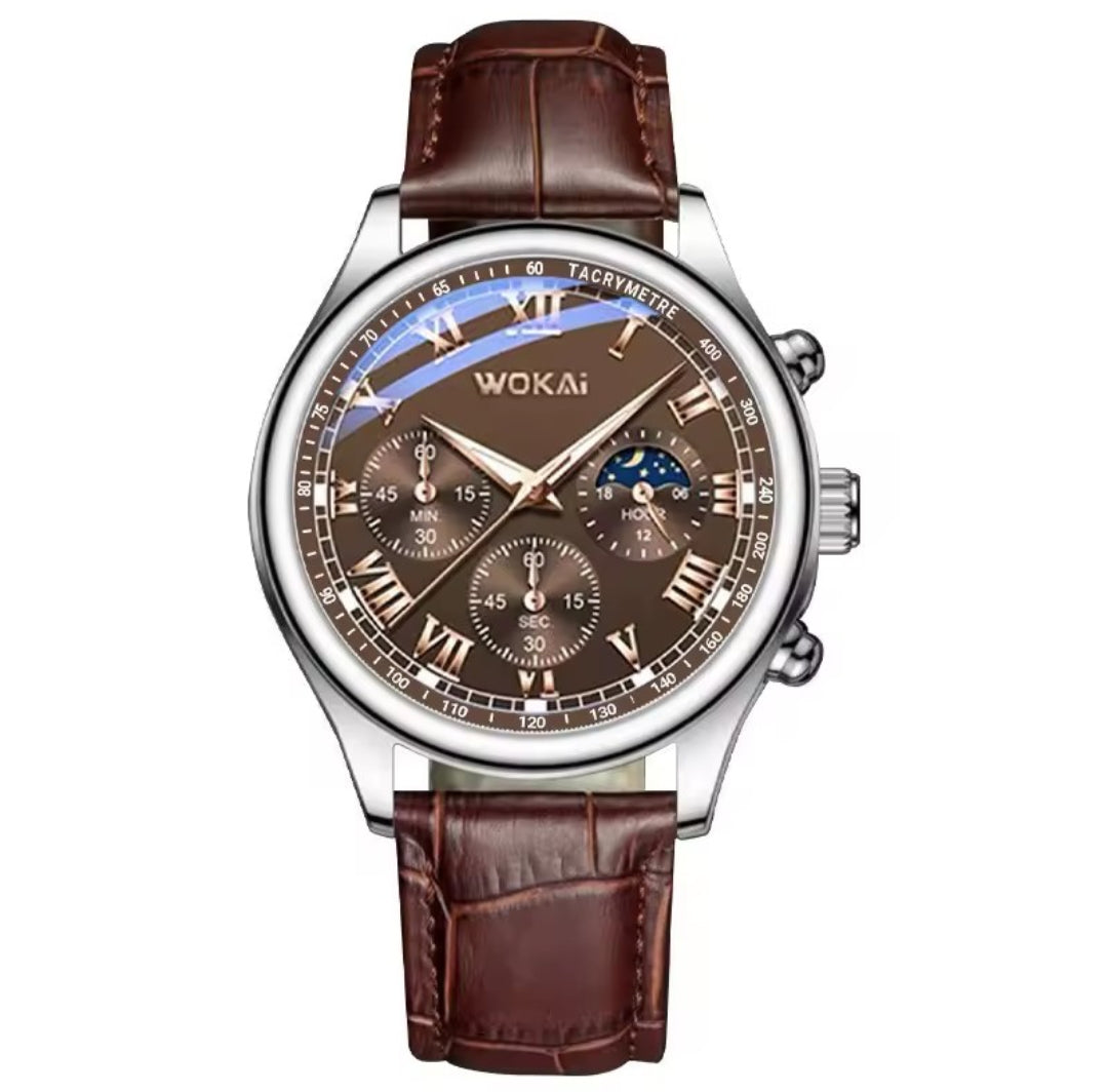 WOKAi MEN'S WATERPROOF QUARTZ LEATHER WATCH