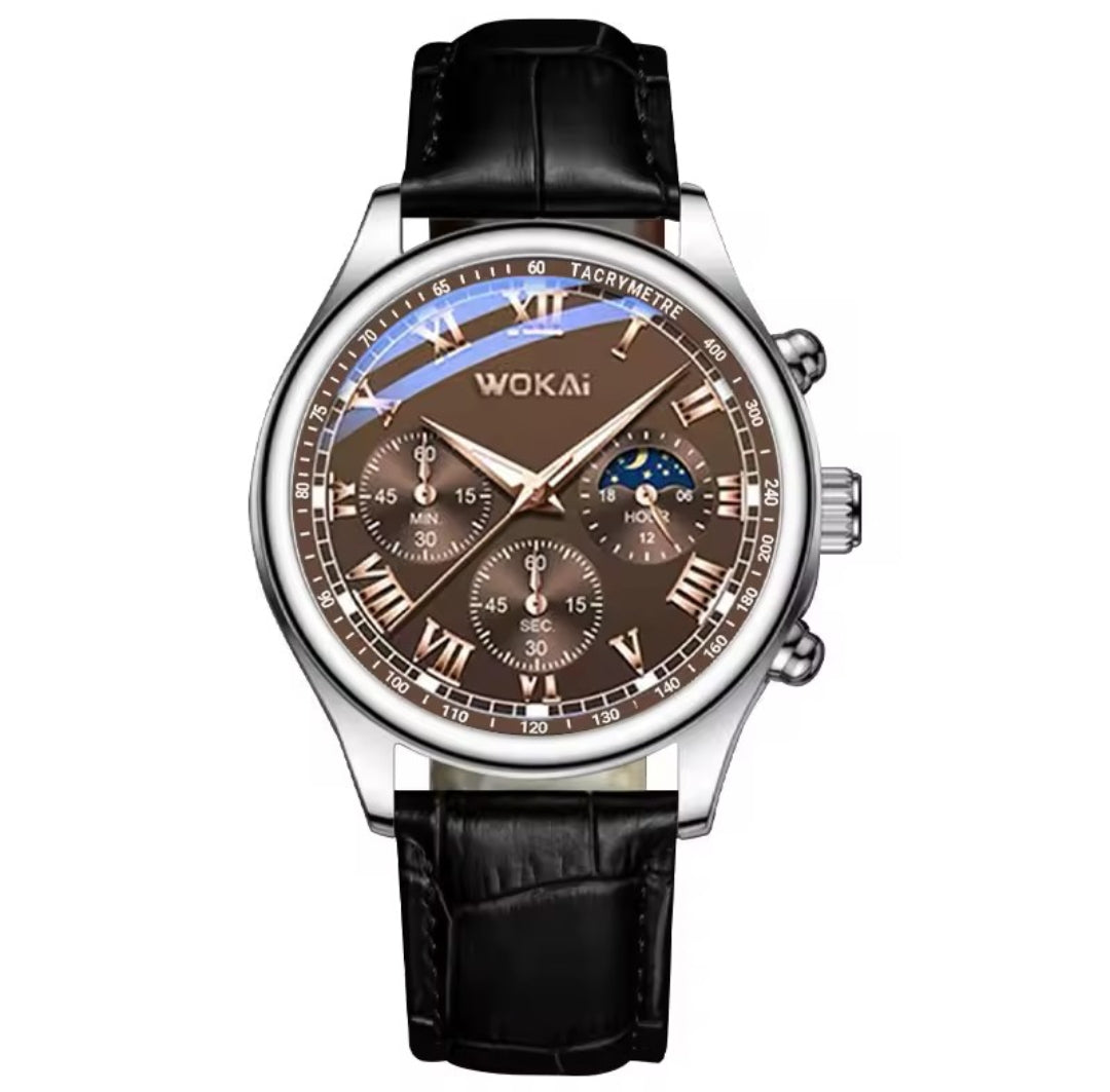 WOKAi MEN'S WATERPROOF QUARTZ LEATHER WATCH