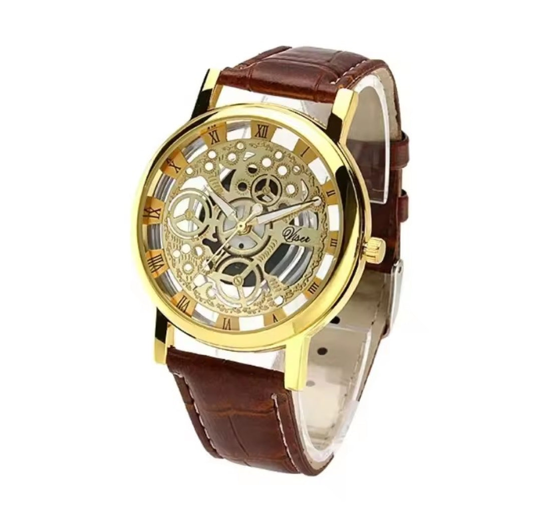 MEN'S SKELETON LEATHER BAND QUARTZ WATCH
