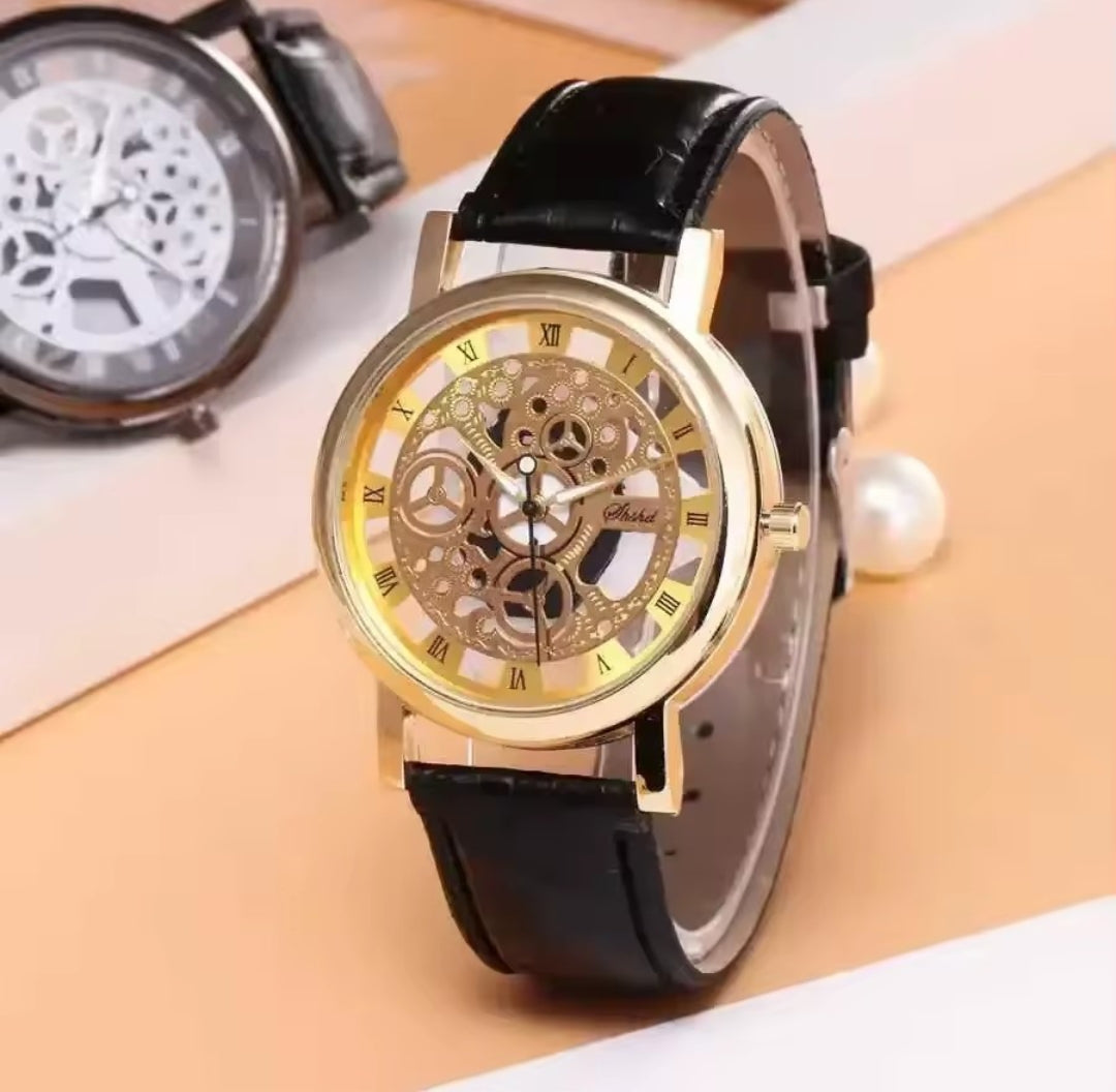 MEN'S SKELETON LEATHER BAND QUARTZ WATCH