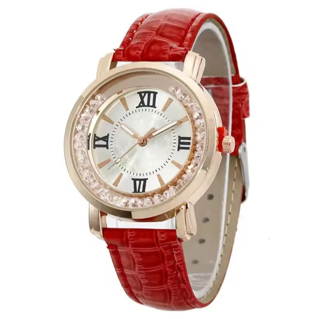 WOMEN'S RHINESTONE DIAMOND QUARTZ LEATHER WATCH