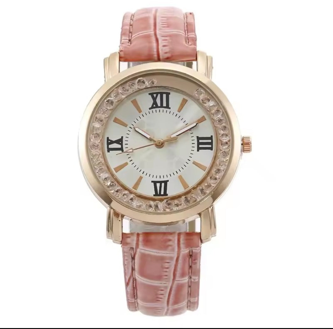 WOMEN'S RHINESTONE DIAMOND QUARTZ LEATHER WATCH