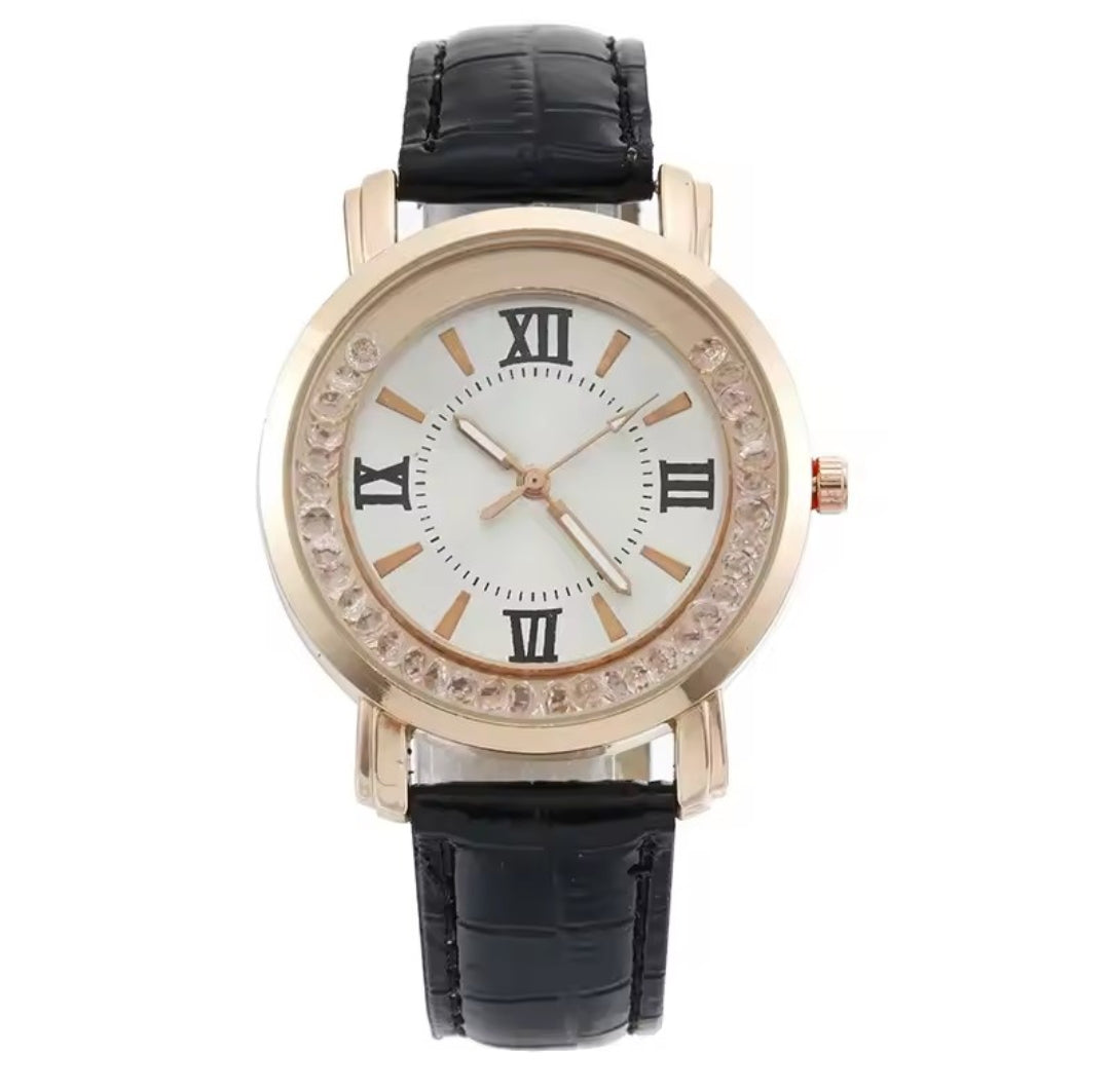 WOMEN'S RHINESTONE DIAMOND QUARTZ LEATHER WATCH