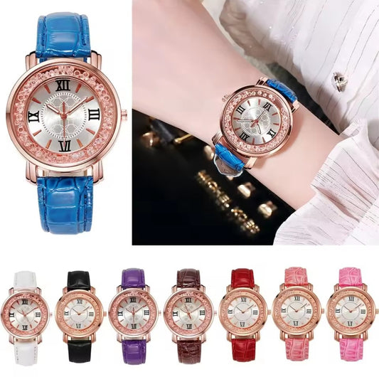 WOMEN'S RHINESTONE DIAMOND QUARTZ LEATHER WATCH