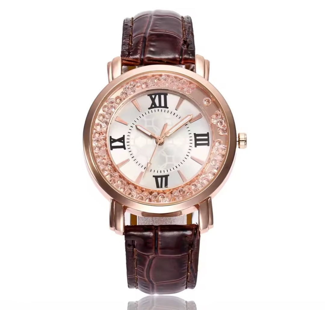 WOMEN'S RHINESTONE DIAMOND QUARTZ LEATHER WATCH