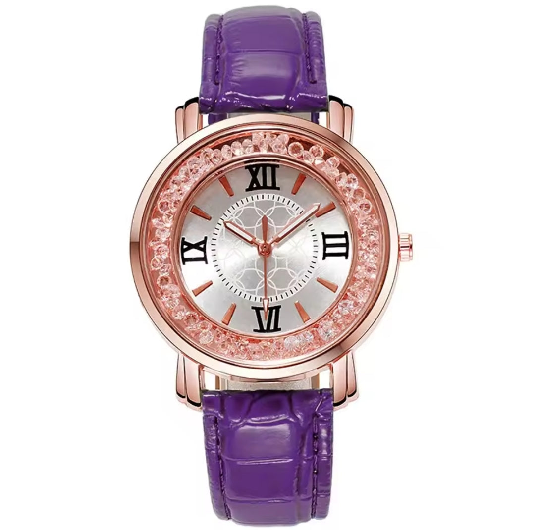 WOMEN'S RHINESTONE DIAMOND QUARTZ LEATHER WATCH