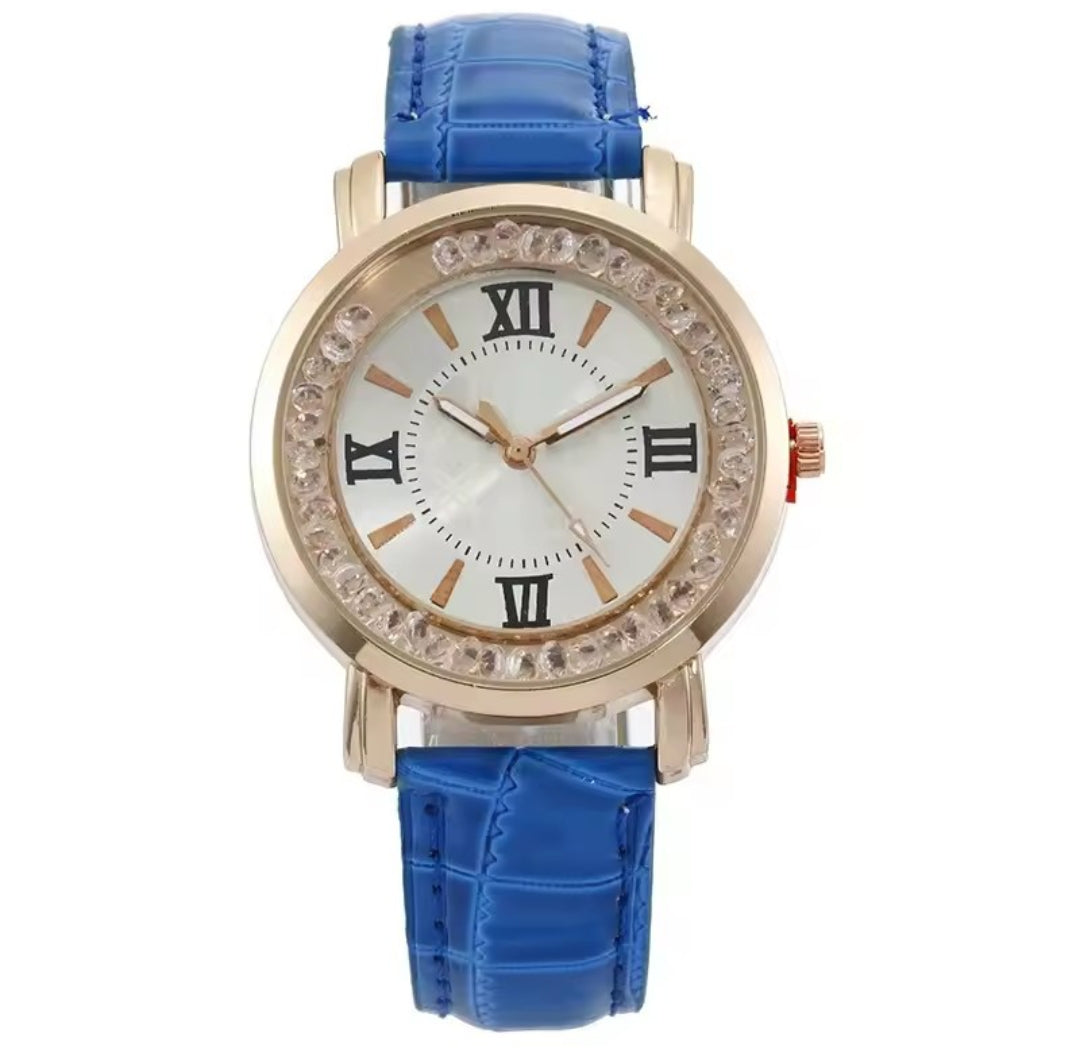WOMEN'S RHINESTONE DIAMOND QUARTZ LEATHER WATCH