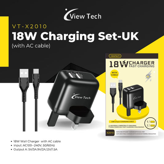 VIEWTECH VT-X2010 18W FAST CHARGING SET - UK PLUG (WITH TYPE-C CABLE)