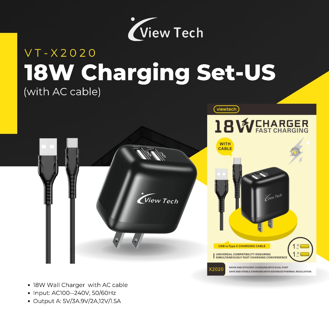 VIEWTECH VT-X2020 & X2021 18W FAST CHARGING SET - US PLUG (WITH TYPE-C CABLE)
