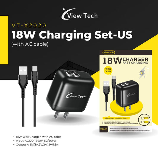 VIEWTECH VT-X2020 & X2021 18W FAST CHARGING SET - US PLUG (WITH TYPE-C CABLE)