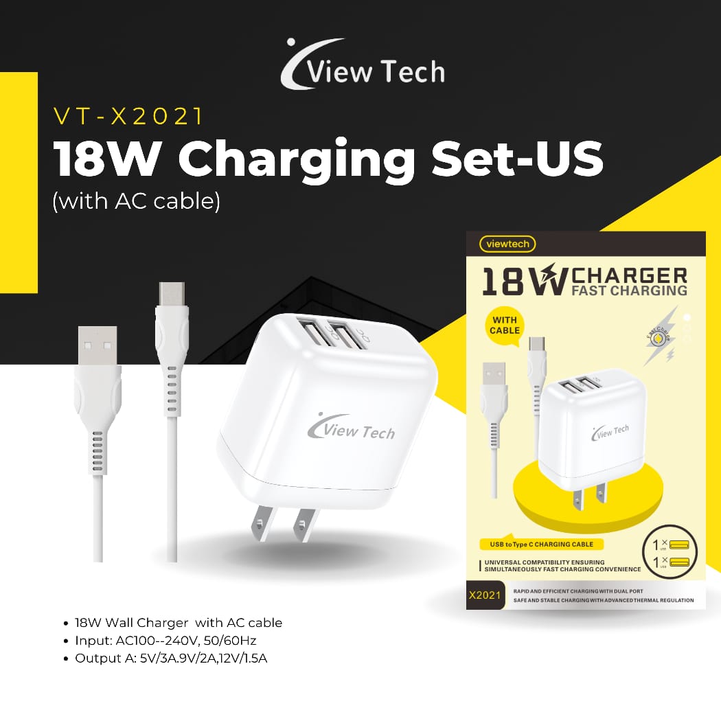 VIEWTECH VT-X2020 & X2021 18W FAST CHARGING SET - US PLUG (WITH TYPE-C CABLE)
