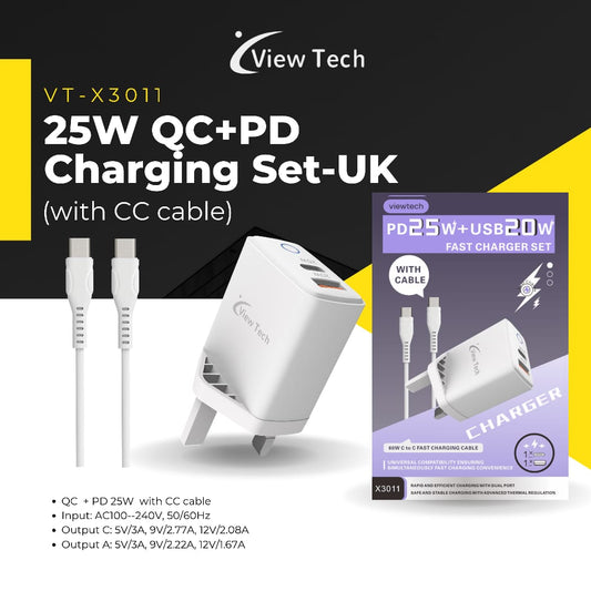 VIEW TECH VT-X3011 25W QC+PD CHARGING SET-UK WITH CC CABLE