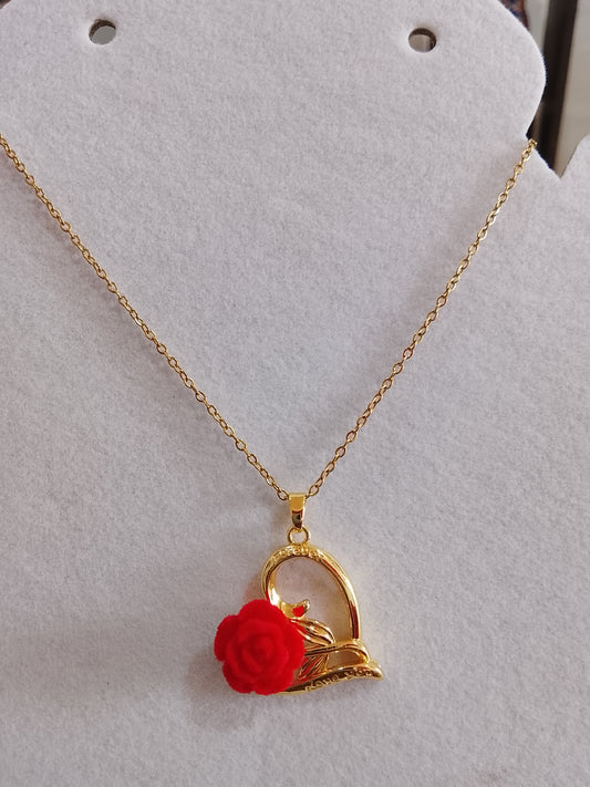 LADIES GOLD-TONE RED ROSE PENDANT NECKLACE
