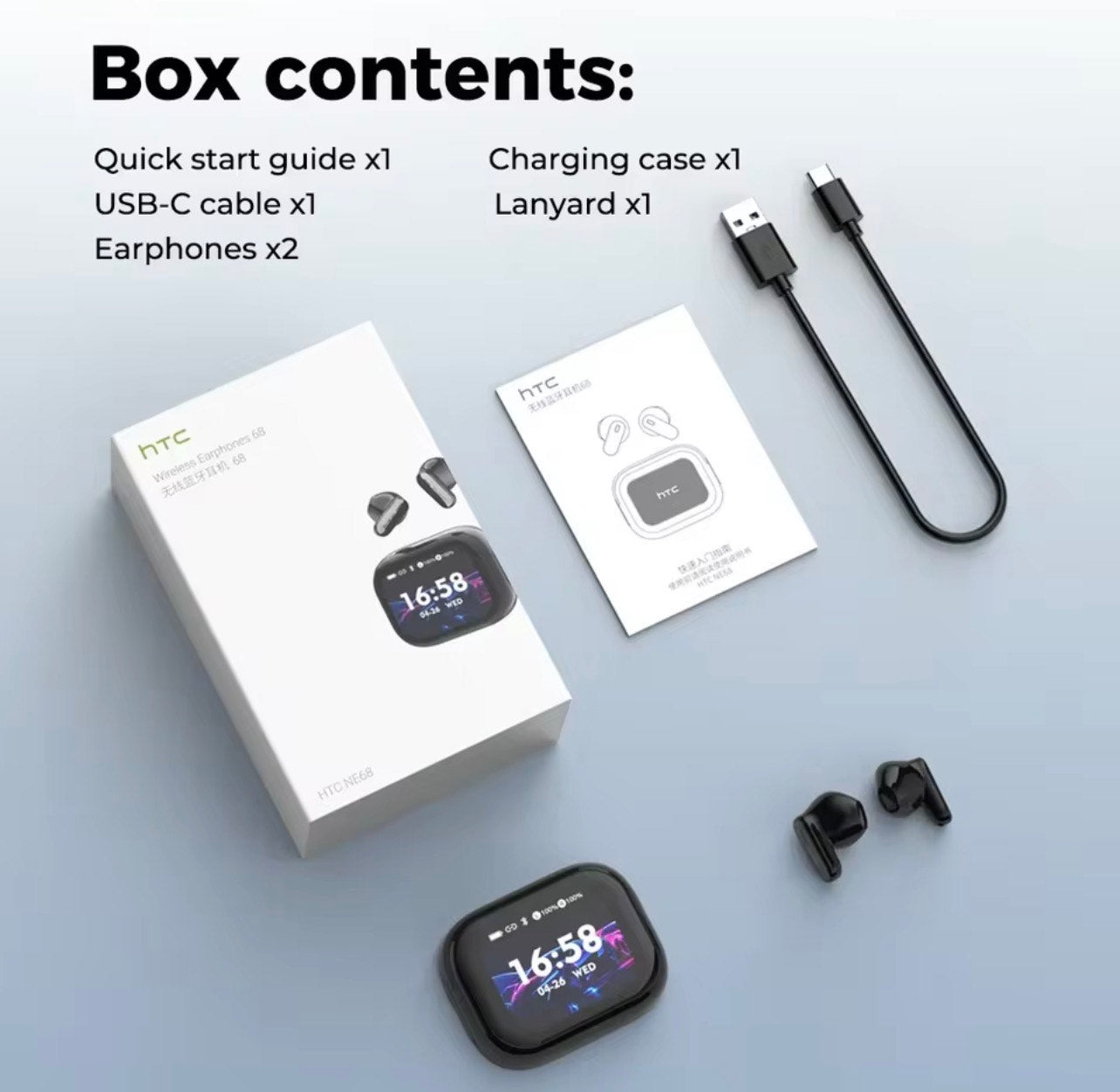 HTC NE68 BLUETOOTH EARPHONES - 134 DIFFERENT LANGUAGES AI TRANSLATOR, LED FULL COLOUR TOUCHSCREEN & SUPER DEEP BASS