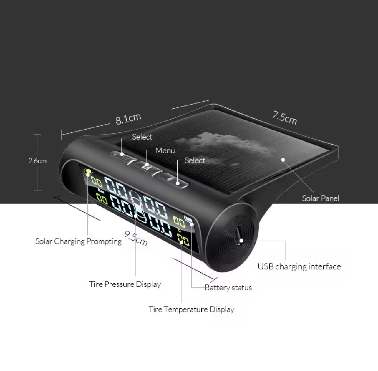 VEHICLE TYRE PRESSURE MONITORING SYSTEM (TPMS) - BOTH SOLAR & BATTERY POWERED