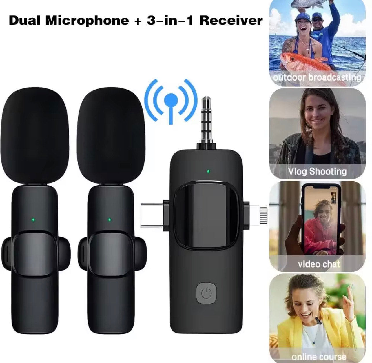K15 2IN1 PROFESSIONAL LAVALIER WIRELESS MICROPHONE WITH 3 CONNECTORS (IPHONE, TYPE C & CAMERA)