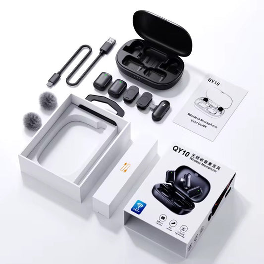 QY10 PRIVATE MODEL WIRELESS 2IN1 LAPEL MICROPHONE WITH APPLE & TYPE C CONNECTORS AND CHARGING CASE