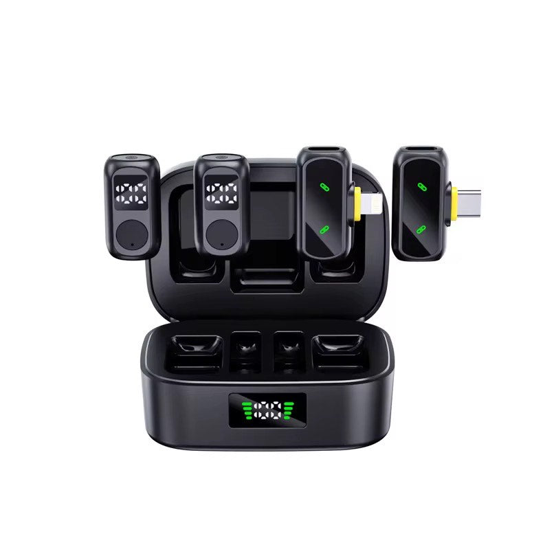 QY88 LATEST AI NOISE REDUCTION LAPEL MICROPHONE WITH 2 RECEIVERS, 2 MICS & CHARGING CASE