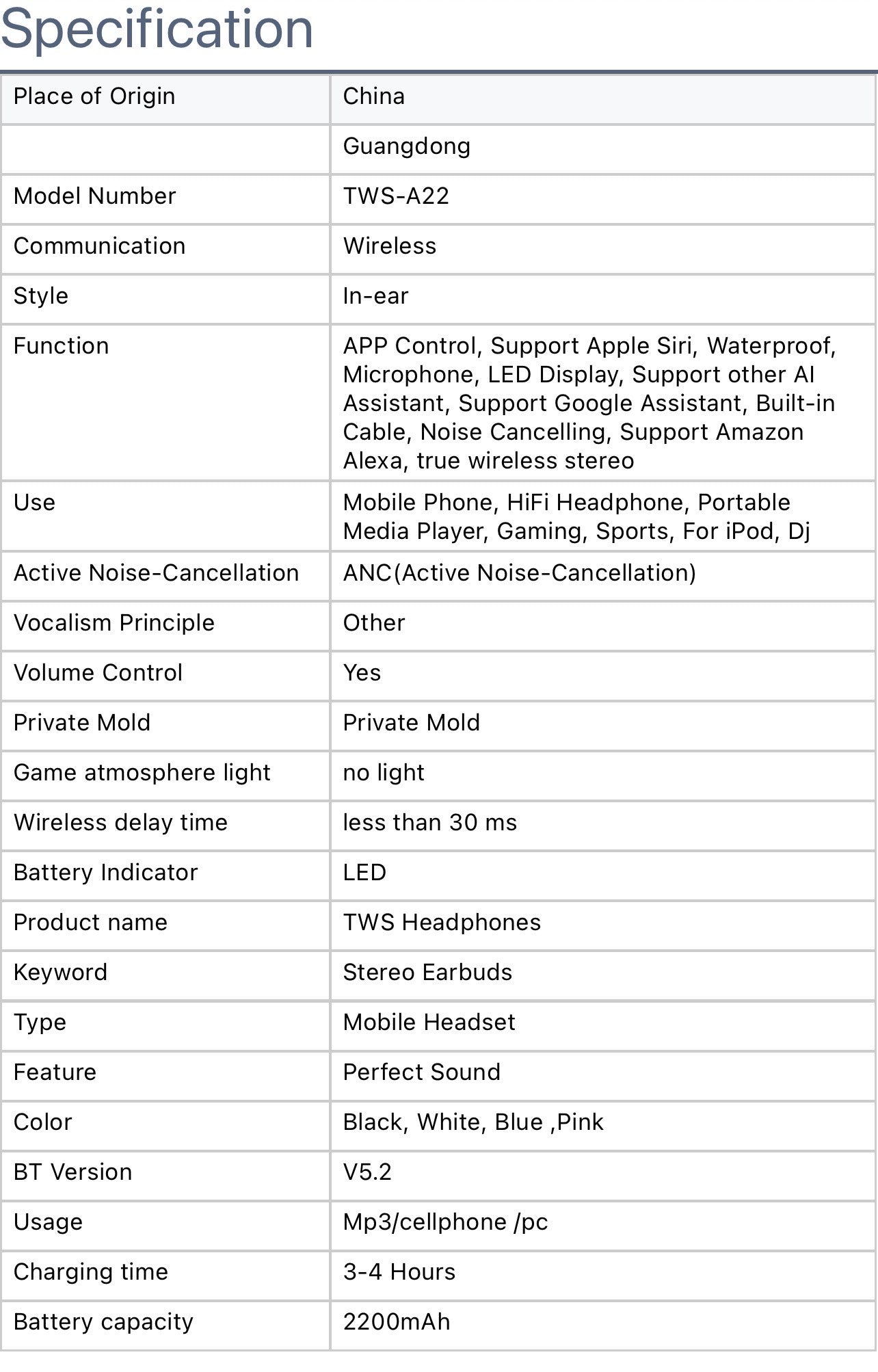 A22 WIRELESS SPORTS & GAMING EARBUDS (TWS, LED, AMP, STEREO) FOR MOBILE DEVICES