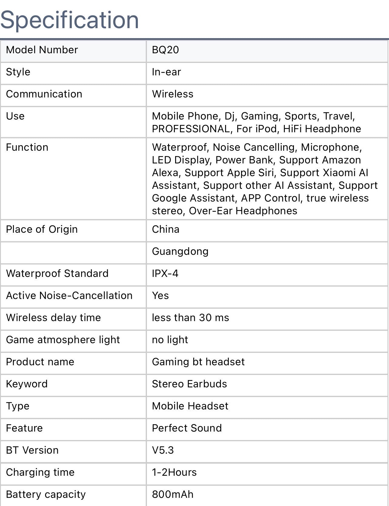 BQ20 HI-FI STERO IPX-6 WATERPROOF EARBUDS (LED Display for Latency Sports & Gaming)