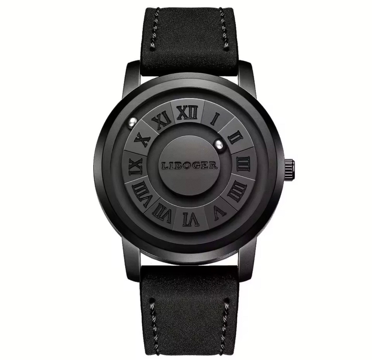 LIBOGER MAGNETIC ORBIT BLACK LEATHER STRAP WATCH FOR MEN