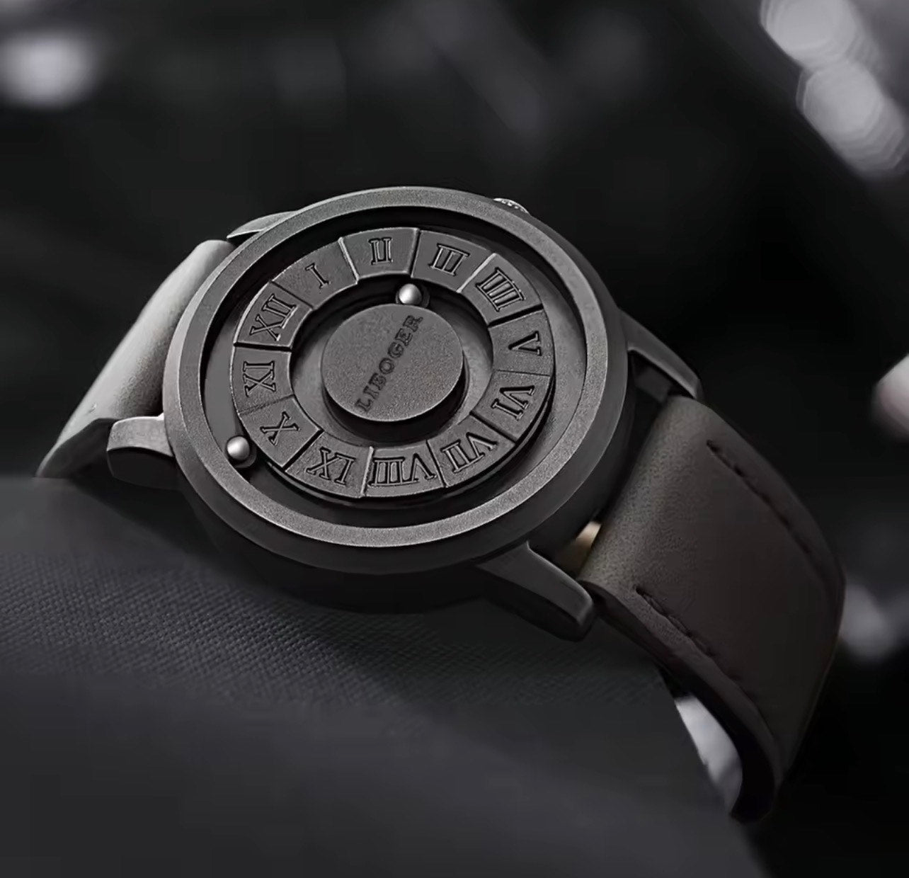 LIBOGER MAGNETIC ORBIT BLACK LEATHER STRAP WATCH FOR MEN