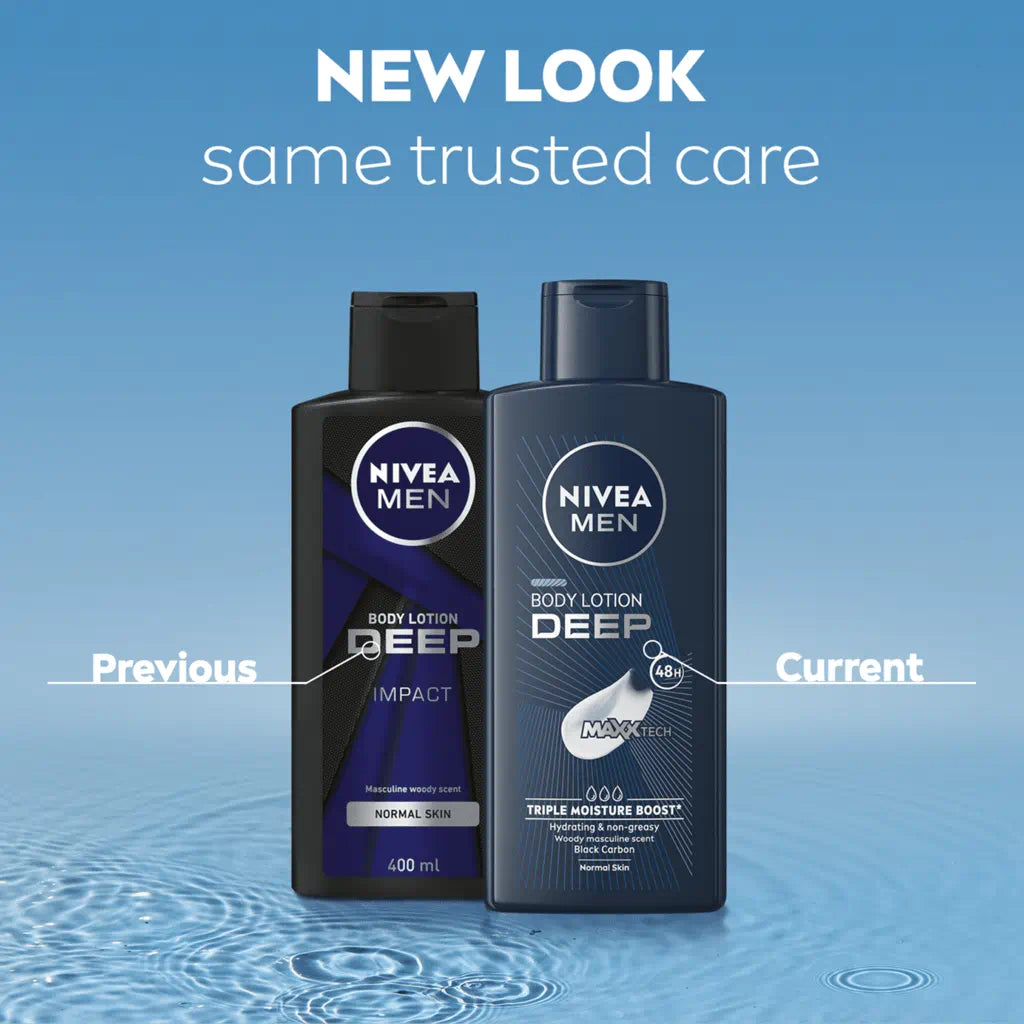 Nivea Men Deep MaxxTech body lotion, New Look and Same Trusted Care